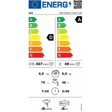 AEG LWR75965O Πλυντήριο-Στεγνωτήριο Ρούχων 9kg/6kg Ατμού 1600 Στροφές